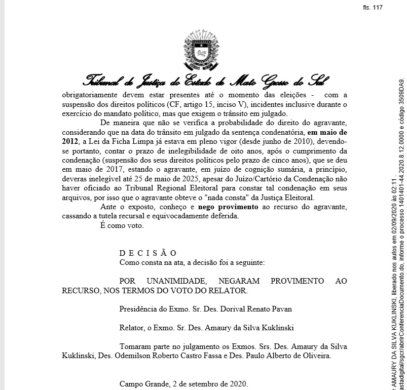 Decis&atilde;o do Tribunal de Justi&ccedil;a de Mato Grosso do Sul no &uacute;ltimo dia 2 de setembro passado &ndash; Foto: Reprodu&ccedil;&atilde;o/Jornal da Nova